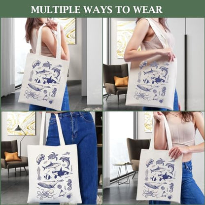 Canvas Aesthetic Tote Bag for Women with Inner Pocket Totes Shoulder Book Bag Shopping Reusable Grocery Bags - color: Sea Life Tote Bag 1