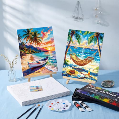 Cholemy 36 Pcs Paint and Sip Kit Gift for Adults 8''x10'',Seaside Scenery | Pre Drawn Canvas, Painting DIY Afro Acrylic Painting Kit, Wood Easel Brushes, Date Night Bulk, Summer Halloween Party - style: Seaside Scenery