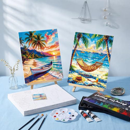 Cholemy 36 Pcs Paint and Sip Kit Gift for Adults 8''x10'',Seaside Scenery | Pre Drawn Canvas, Painting DIY Afro Acrylic Painting Kit, Wood Easel Brushes, Date Night Bulk, Summer Halloween Party - style: Seaside Scenery