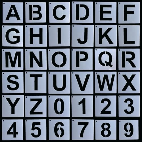 Letter and Number Stencils, 5 Inch, 36 Pieces Reusable Alphabet Templates for Wood, Wall, Fabric, DIY Projects