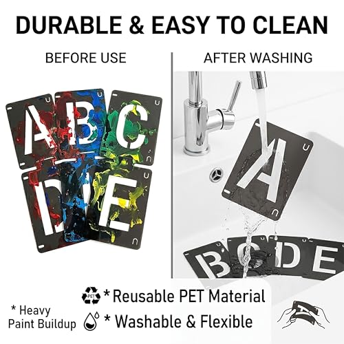 2 Inch Reusable Letter Stencils Symbol Numbers Craft Stencils, Black | 64 Pcs Interlocking Stencil Kit, For Painting on Wood, Wall, Fabric, Rock, Chalkboard, Sign, DIY Art Projects - color: black