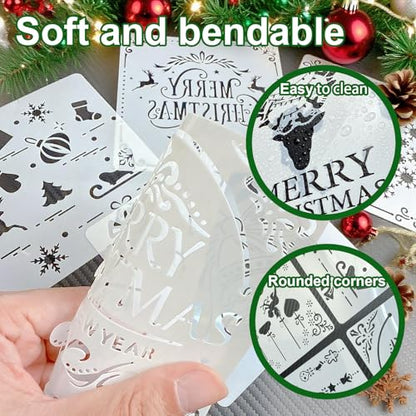 Reusable Christmas Stencils Set of 12 - Stencils for Painting On Wood, Walls, Fabric,Windows - Santa, Snowman, Pine Tree, Deer Xmas Holiday Stencil for Christmas Decorations (Christmas-5B) - style: Christmas-5B
