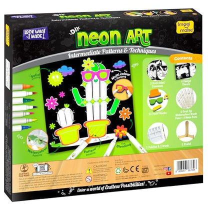 Imagimake DIY Neon Art Kit, 12 Creative Activities for Kids Ages 8+ | 3 Dual-Sided Canvases, 15 Motif Stamps, Neon Brush Pens & Painting Tools, Complete DIY Art Kit, Gift for Boys & Girls - style: Neon Art Kit