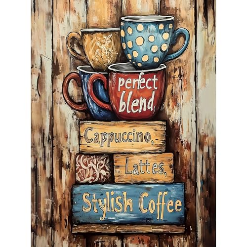 PRASIO Diamond Art Kits for Adults Beginner, Coffee Cups 5D Diamond Painting Kits for Adults, DIY Round Full Drill Vintage Gem Art Painting and Crafts for Gift Home Wall Decor 12x16 Inch - color: XM-DP-CoffeeCup-3040