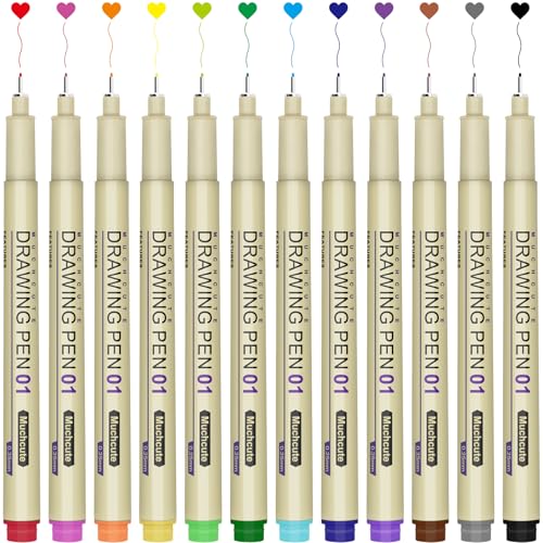 Muchcute 01 Micro Fineliner Drawing Art Pen,12 Colors 0.25mm No Bleed Bible | Waterproof Colored Fine liner Smooth Extra Fine Point, Journal Zentangle Study Supplies, Ultra Line Needle Tip Thin Gel Felt - color: 12 Colors 01(0.25mm)