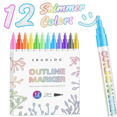 SRUOLOC Shimmer Markers Outline Pens, 12 Colors Metallic Glitter Pens Set Glitter Markers Pens Set for School Cards Lettering, Doodle Drawing Supplies Art Craft Teen Stuff Basket - color: 12 Colors