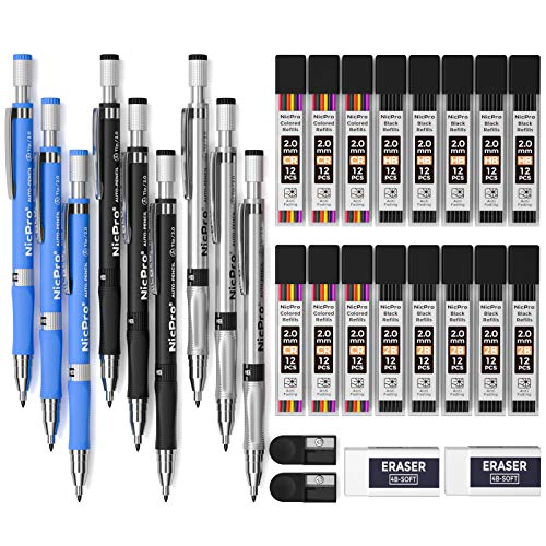 Nicpro 29 Pieces 2mm Mechanical Pencil Set, 9 PCS Drafting Carpenter Pencils 2.0 mm for Art Drawing Sketching construction with 192 Lead Refills Pre-Sharpen HB & 2B & Colors, 2 Erasers, 2 Sharpener - color: ‎Silver