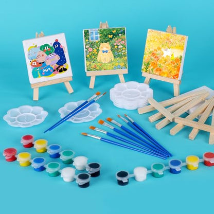 ESRICH 24 Set Mini Acrylic Paint Kit, Mini Stretched Canvas with Easel | Acrylic Paint Strips, Paint Palettes, Painting Brushes, Mini Canvas and Easel Set for Kids Artists Beginner, Gift