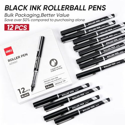 deli Rollerball Pens 0.5 mm Fine Tip Pens, Black Ink Pens 12 Pack