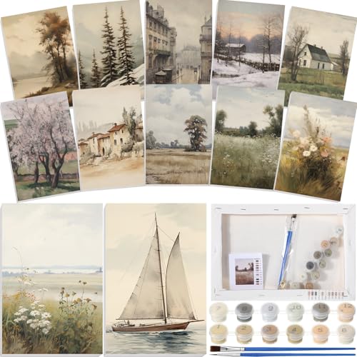 Nezyo 12 Sets Paint by Numbers 8 x 12 Inch for Adults Beginner with Wooden Frames Canvas DIY Acrylic Painting Kit Art Gift for Painting Party Sip and Paint Events for Home Decor(Vintage Countryside) - style: Vintage Countryside