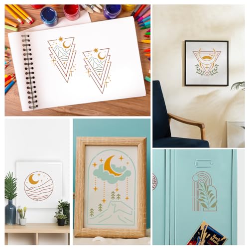 9Pcs Bohemian Stencils for Painting, Reusable Geometric Scenery Stencil Drawing Templates, Sun Moon Mountain Leaf DIY Craft Paint Templates for Wall Home Decor Wood Burning Canvas Journal