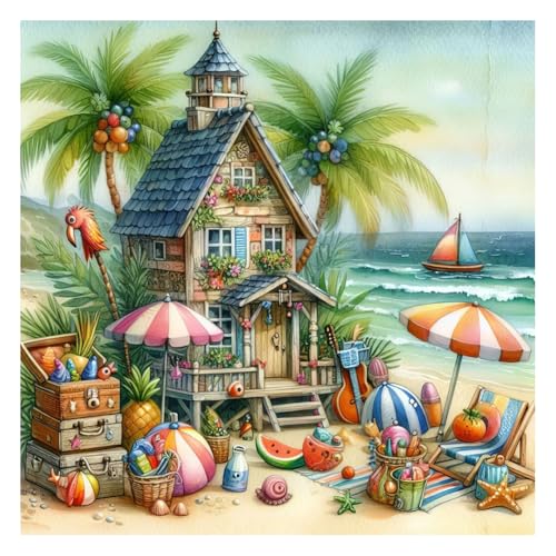Stalente Diamond Painting Kits for Adults Seaside House, 5D DIY Diamond Art Kits for Beginners Round Full Drill Diamond Painting for Home Wall Decoration Gift 12×12inch, Landscape Scenery