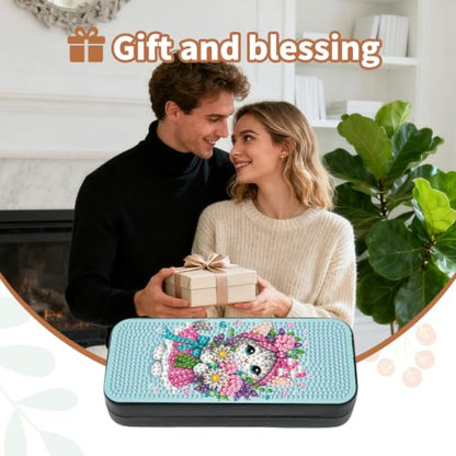 Diamond Art Painting Kit, Hard Shell Eyeglasses Glasses Case | Flower Kitty DIY Diamond Dots, Small Gem Art Paint Mosaic Kits, Cute Rhinestone Sunglasses Case for Adults Women Beginner - color: Blue Flower Kitty