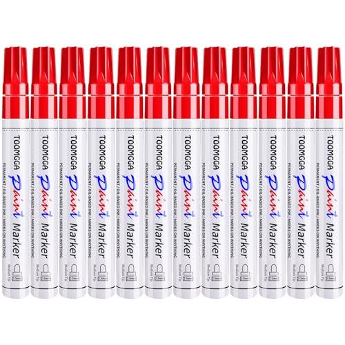 TOOMGGA 12 Red Paint Pens Permanent Paint Markers, Oil Based Medium Tip | Marking Pens, Quick Drying, Waterproof, Fade-resistant, for Rock Painting, Car Tyre, Metal, Plastic, Canvas, Wood, Glass - color: Red