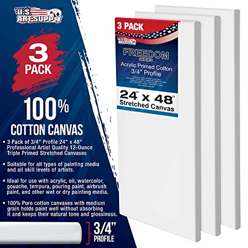 U.S. Art Supply 24 x 48 inch Stretched Canvas 12-Ounce Primed 3-Pack - Professional White Blank 3/4" Profile Heavy-Weight Gesso Acid Free Bulk Pack - Painting, Acrylic Pouring, Oil Paint - size: 24" x 48"