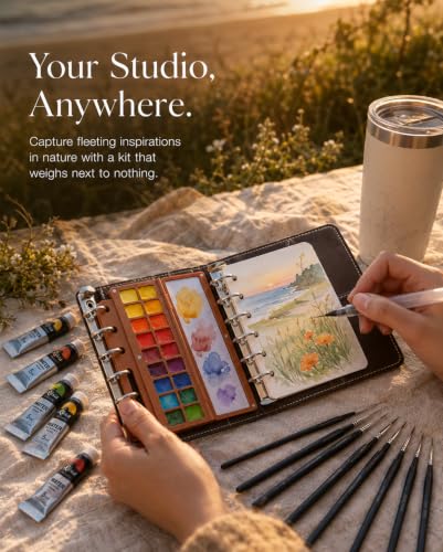 Mini Watercolor Travel Set 24 Colors, Sketchbook Kit with 11 Brushes