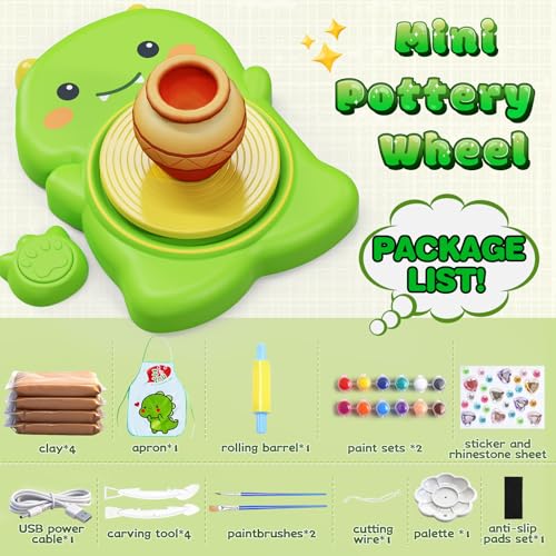 Pottery Wheel for Kids with Foot Pedal, Cute Dinosaur Kids pottery Kit - color: green