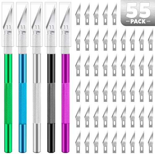 55PCS Exacto Knife Set, Craft Knife, Hobby Knives with 50PCS Blades | 55PCS precision knife kit, SK5 exacto knife blades for art, woodworking, stencil, scoring, scrapbooking, modeling and crafts - style: Multi-2 – 5 Knives / 50 Blades