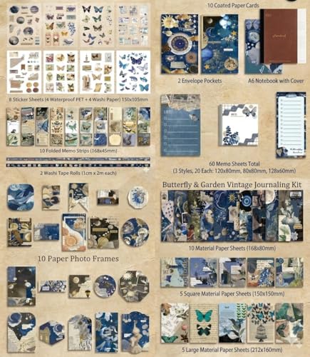 Vintage Scrapbook Journal Gift Set – Butterfly Garden Aesthetic Junk Journal Kit, 125 PCS Ephemera Pack with A6 Notebook, Stickers, Papers, Washi, Envelopes & Cards for DIY Art, Collage, Craft & Journaling (Butterfly)