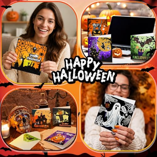 Saillong 12 Pack Halloween Diamond Painting Greeting Card Kits DIY Diamond Art Cards with Envelopes Bat Black Cat Pumpkin 5D Rhinestones Painting for Adults DIY Craft Family Friend Halloween Gifts - color: Halloween