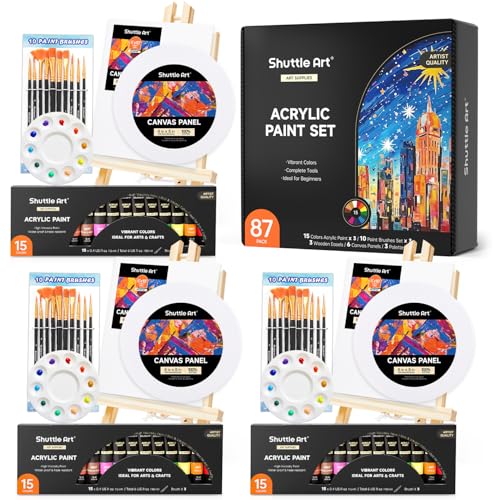 Shuttle Art 87 Pack Acrylic Painting Kit, Paint Kit with 3 Packs 15-Color Acrylic Paint, 3 Wooden Easels, Canvas, Brushes & Palettes, Art Painting Supplies for Adults, Kids & Beginners - size: 87 Pack