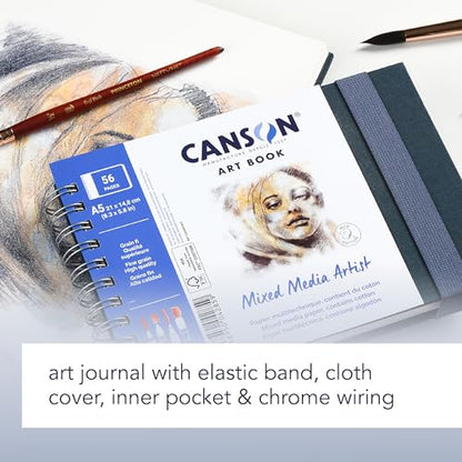 Canson Mixed Media Art Book, 5.8x8.3 inches, 56 Sheets, Blue Cloth Hardcover, Side Wire - Professional Artist Notebook for Painting, Sketching, Drawing - size: 5.8x8.3 inches