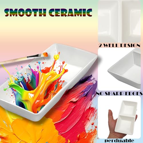 2 Pack Ceramic Paint Palette 2 Well Watercolor Painting Mixing Palette Dish for Watercolor Acrylic Oil Paint Studio Outdoor Use