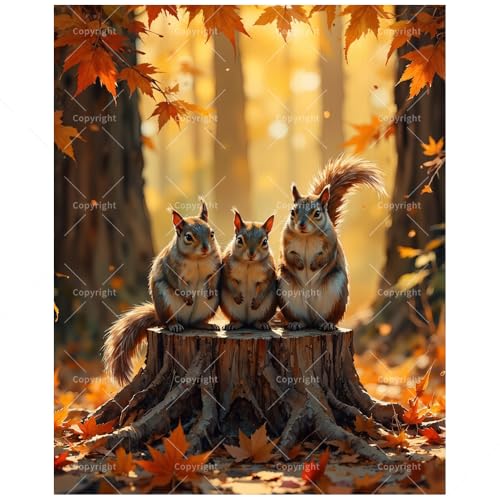 Animal Forest Paint by Numbers Kit for Adults - DIY Three Squirrels on Tree Stump Painting on Canvas 8x12In, Framed Acrylic Paint Set, Suitable for Beginners, Art for Home Decoration or Gifts - color: FM05065, size: 8×12in Framed