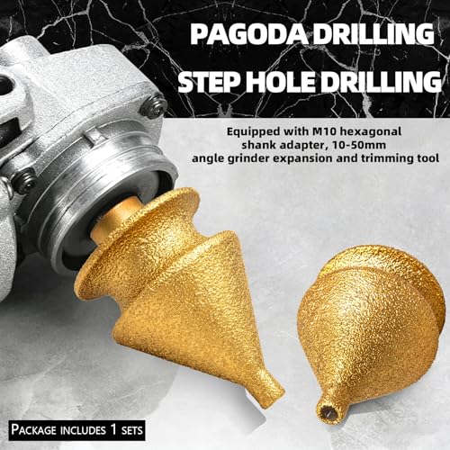 4-in-1 Diamond Chamfer Bit with M10 Hex Shank Adapter, 10-50mm Enlarging & Trimming Tool for Angle Grinder, Vacuum Brazed Diamond Grinding Wheel for Tile Marble Granite Ceramic Beveling & Hole Repair