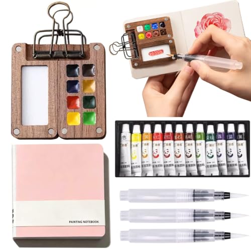 Mini Watercolor Paint Travel Set 12 Colors Portable Pocket Palette | Artists Walnut Wooden Paint Box with 8 Grids，Sketchbook，3 Brushes for Kids Painters Students Outdoor or Urban Sketchers - color: 8 Grids