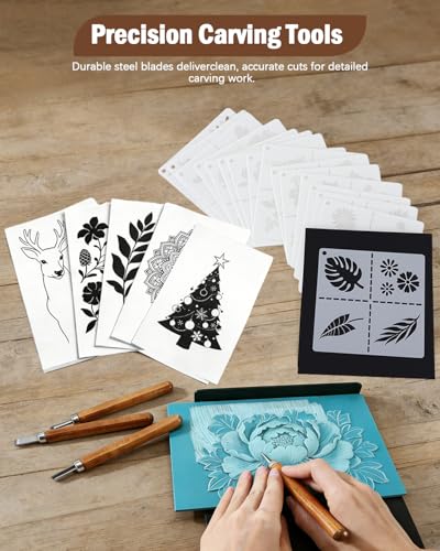 UCEC 38Pcs Linocut Kit with 12 Carving Tools, Brayer, Baren & Lino Blocks - color: Block Printing Kit-38 Pack