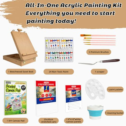 Portable Tabletop Easel Set 36-Piece Acrylic Paints Brushes Canvas DIY Pad | Wooden art kit with 24 acrylic paints, brushes, stretched canvas, storage box, non-toxic travel-friendly starter - size: art easel box-36pk
