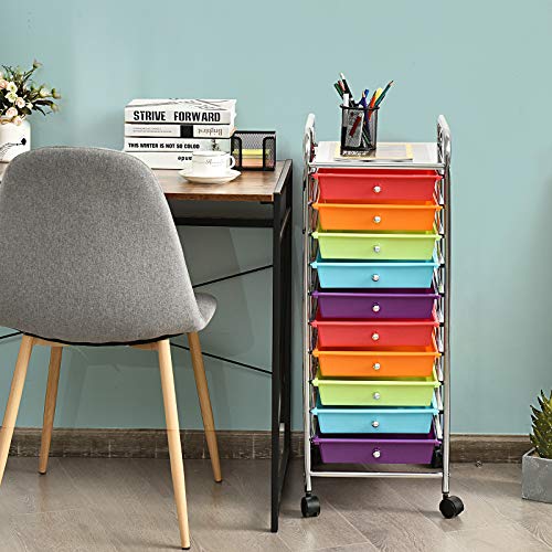 Giantex 10 Drawer Rolling Storage Cart Scrapbook Paper Office School Organizer - color: Red+Orange+Green+Blue+Purple, size: 10 Drawer-13"x15"x34"