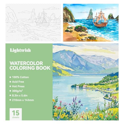 Lightwish Watercolor Coloring Book for Adults & Beginners,100% Cotton 300gsm/140lb Acid-Free Hot Press Paper, 8.3 x 5.6 Inches,15 Sheets,Landscape-Themed - color: Landscape-Themed