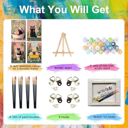 4 Pack Cat Paint by Numbers for Adults with Framed Canvas - Wooden Easel - color: BKH2309+BKH2310+BKH2311+BKH2312