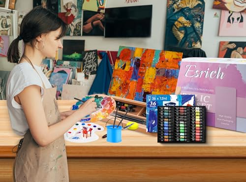 ESRICH 74 PCS Acrylic Paint Set for Adults with Beech Wood Easel | 36 Colors, 12 Brushes, 6 Canvas, Paint Pads, Palette, Knives, Brush Cup and Art Sponge,Painting Kits for Adults - color: 36 Color Acrylic Paints