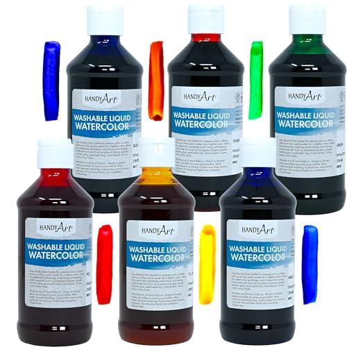 Handy Art Washable Liquid Watercolor Paint, Set of 6 Colors, 8 oz Bottles | Ready to Use Concentrated Dye-Based Liquid, Deep Color Strength, Dilute with Water, Certified Safe AP Non-Toxic, Made in USA - color: Set of 6 Colors