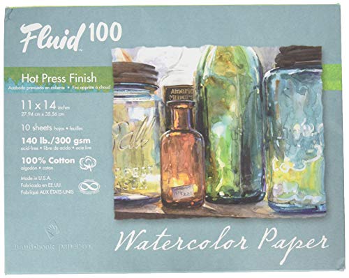 Fluid 100 Artist Watercolor Paper, 140 lb (300 GSM) 100% Cotton Hot Press for Watercolor Painting and Wet Media, 11 x 14 Pochette, 8 Sheets - size: 11 x 14