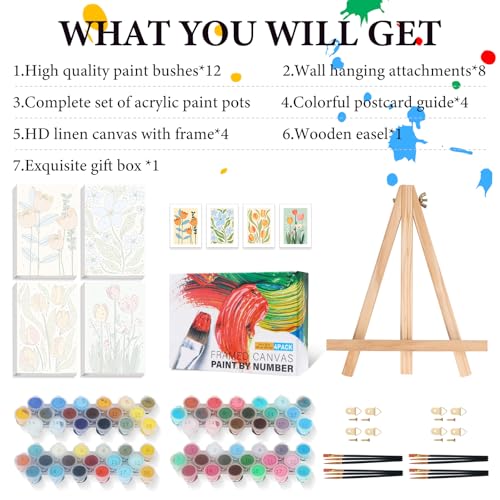 4 Pack Framed Paint by Numbers Kit for Adults Flowers with Wooden Easel - color: FOP4P-04