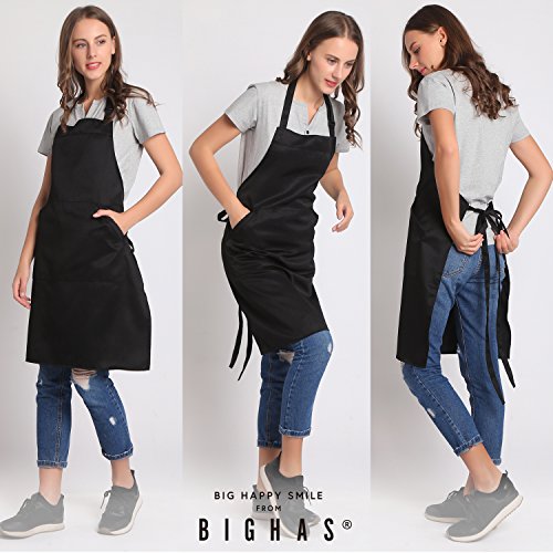 BIGHAS Adjustable Bib Apron with Long Ties for Women Men 18 Colors Chef Kitchen Cooking - color: Black