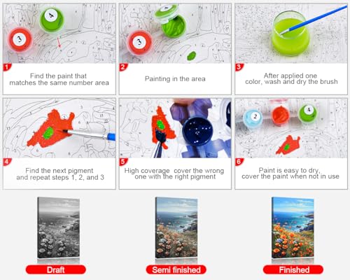 TUMOVO Paint by Number for Adults Flowers Sea Landscape Paint-by-Number Kits Poppies Ocean Adult Paint by Number Sea View DIY Painting by Numbers for Adults Canvas Framed, 16"x20" - color: Landscape(Framed)