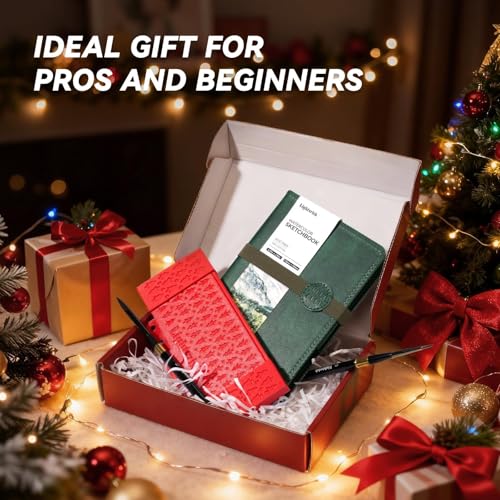 Portable Watercolor Sketchbook Set - 100% Cotton Hot Press 6.7x3.9 Inch Binder Art Journal with 36-Well Ceramic Paint Palette & 2 Travel Watercolor Brushes for Artists Outdoor Painting - color: Red & Green