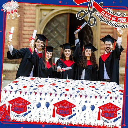 Kinlop 3 Pcs Graduation Tablecloths Class of 2026 Graduation Party Decoration Supplies 51" x 108" Plastic Congrats Grad Table Covers Disposable Graduate Tablecloths(Blue, Red) - color: Blue, Red