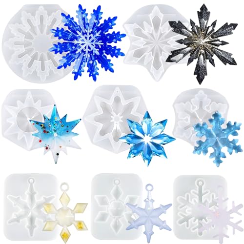 Christmas Resin Molds 8Pcs 3D Ice Crystal Snowflake Silicone Epoxy Resin Mold Soap Keychain Jewelry Casting Silicone Mold for Christmas Tree Home Hanging Ornament DIY Crafts Decoration Pendants - color: Snowflake Silicone Resin Mold