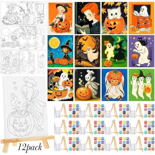 Zhanmai 72 Pcs 12 Sets Sip and Paint Kit Pre Drawn Canvas for Painting 8" x 10" Paint Party Canvas Painting Pre Printed Canvases for Party Favor DIY Adult's Date Night (Whimsical Style) - style: Whimsical Style