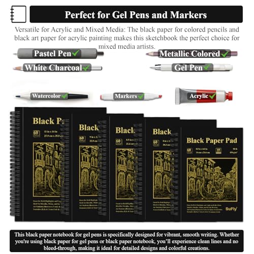 SuFly Black Paper Drawing Pad, 60 Sheets Large Sketch Book 11x14, Spiral Bound - Hardcover,90lb/150gsm Black Paper Notebook for Gel Pens. - color: Black, size: 11-x-14-inch:1 Pack