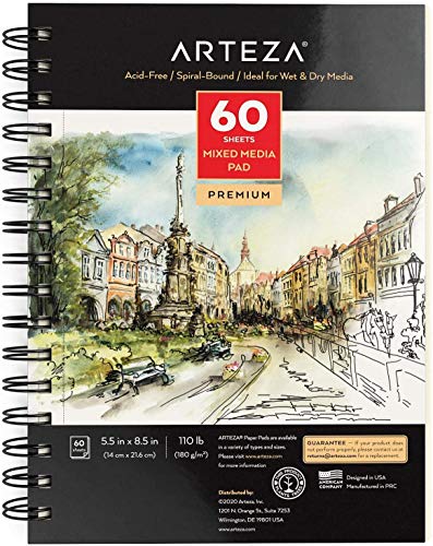 ARTEZA Mixed Media Sketchbook, 5.5 x 8.5 Inches, Pack of 3, 60 Sheets Each, Micro-Perforated Spiral-Bound Paper Pad for Wet and Dry Media - size: 5.5"x8.5" (Pack of 3)