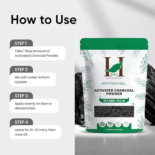 H&C Herbal Ingredients Expert Activated Charcoal Powder 227 gm / 0.5 lb |for Teeth Whitening & Face Mask | Supports Clear Skin by Removing Impurities & Excess Oil