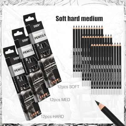 Geyoga 36 Pcs Professional Charcoal Pencils Bulk Classroom Set Soft, Medium and Hard for Drawing Charcoal Pencils for Sketching Shading Drawing Blending Portrait(Black,Assorted) - style: Assorted