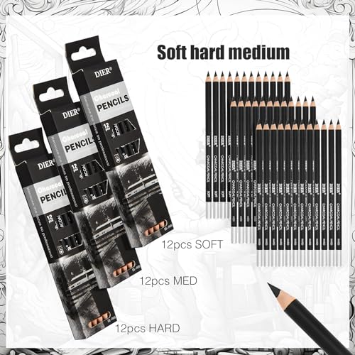 Geyoga 36 Pcs Professional Charcoal Pencils Bulk Classroom Set Soft, Medium and Hard for Drawing Charcoal Pencils for Sketching Shading Drawing Blending Portrait(Black,Assorted) - style: Assorted